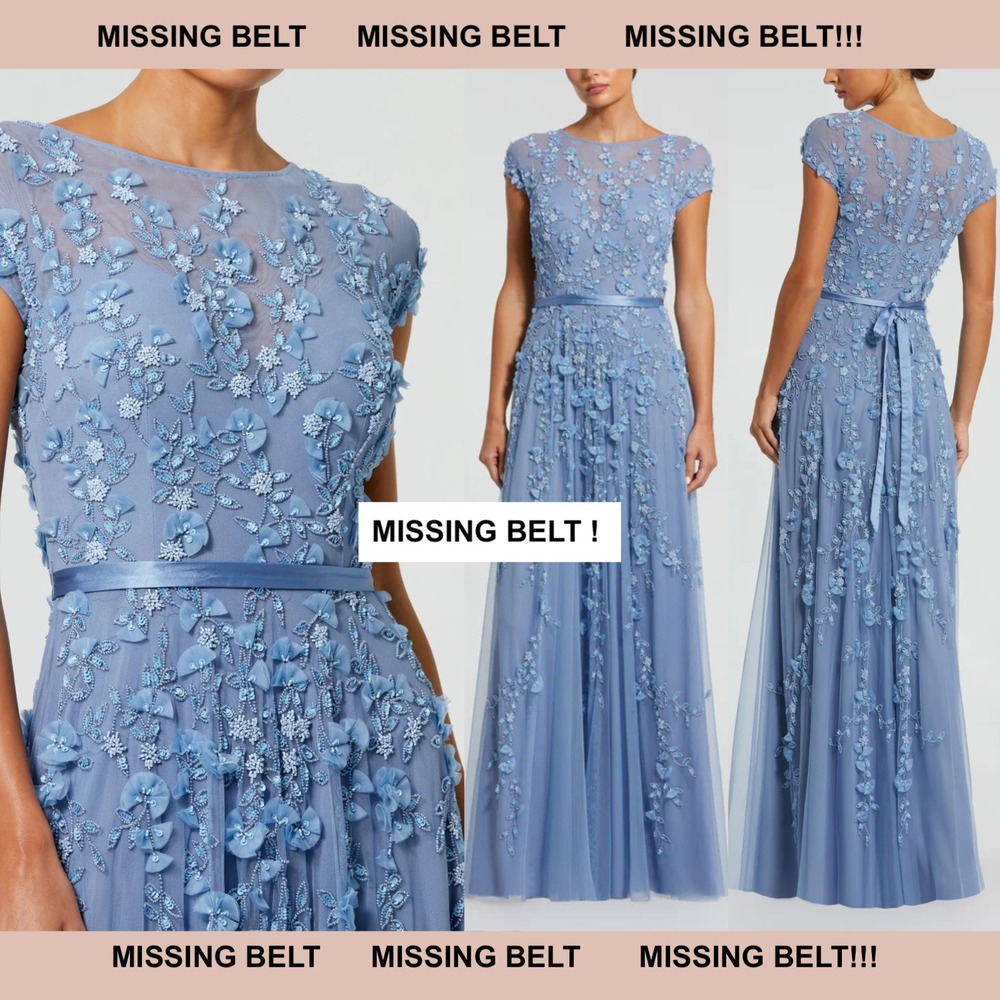 NEW Mac Duggal [ 8 ] 14521 Floral Embellished Short Sleeve Mesh Gown Blue #S1858